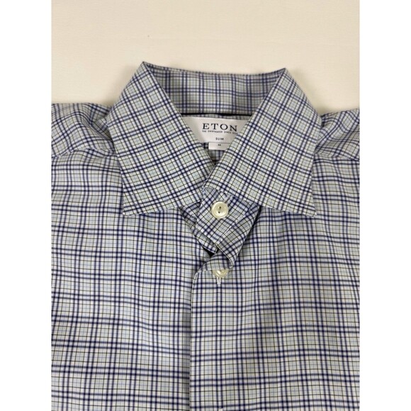 Eton Slim Fit Plaid Dress Shirt, Size M 15 1/2 Preppy Blue/Green European Design